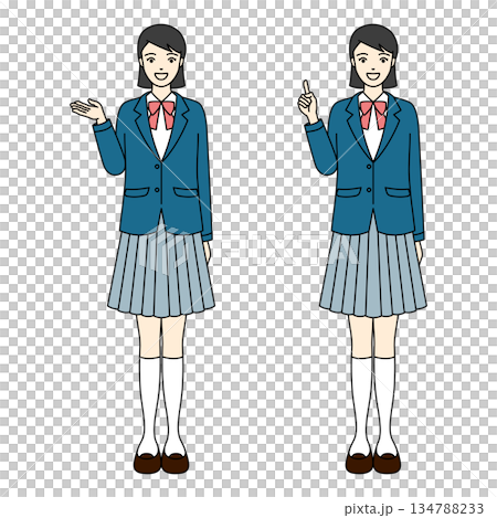 ブレザー制服を着て笑顔で案内と指差しポーズをする女子高生 134788233
