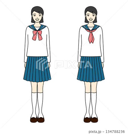 白いセーラー服姿でリボンとネクタイのバリエーションを見せる学生 134788236