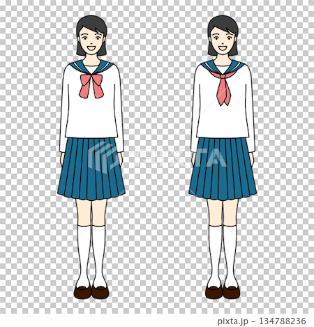 白いセーラー服姿でリボンとネクタイのバリエーションを見せる学生 134788236