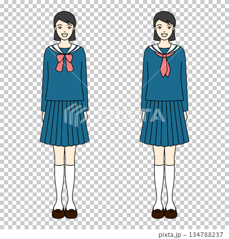 紺色のセーラー服を着てリボンとネクタイで直立する女子高生 134788237