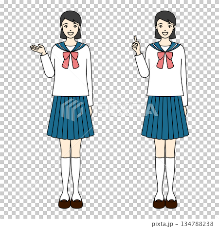 A high school girl wearing a white sailor uniform and smiling while pointing A high school girl wearing a white sailor uniform and smiling while pointing 134788238