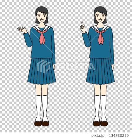 身穿水手服的高中女生全身像，面帶微笑，指著前方。 134788239