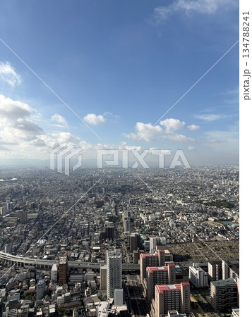 大阪のランドマーク、あべのハルカスから見下ろす大都会の街並みと広がる青空のパノラマ 134788241
