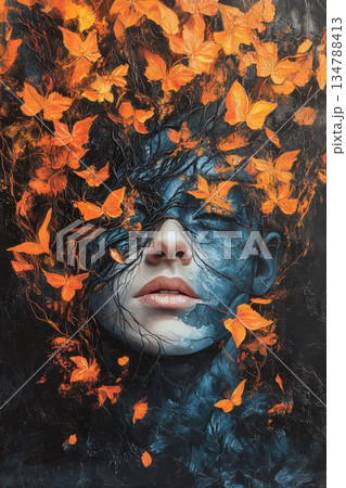 Portrait of a serene woman surrounded by vibrant orange butterflies against a dark background representing transformation and beauty 134788413