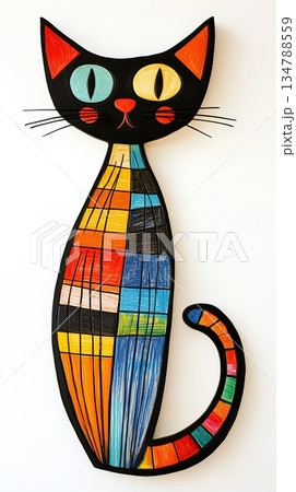 doodle-style, simple lines, children's drawings of cat, bright colors on a white background, simple drawings, children's art created with crayons 134788559