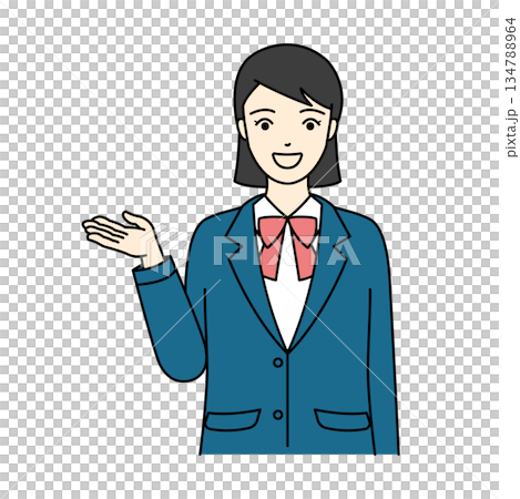 一位身穿校服西裝外套的高中女生面帶微笑，舉起手掌引導他人。 134788964