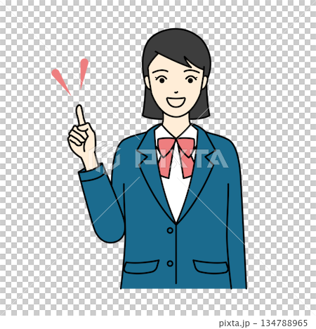 一位身穿校服西裝外套的高中女生面帶微笑，指著上方解釋著什麼。 134788965
