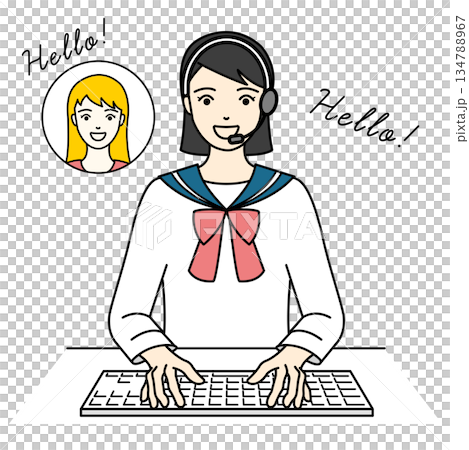 身穿水手服、微笑的學生們在上網課時戴著耳機 134788967