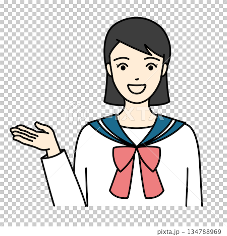 一名身穿水手服的高中女生面帶微笑,伸出右手為人們指引方向。 一名身穿水手服的高中女生面帶微笑,伸出右手為人們指引方向。 134788969