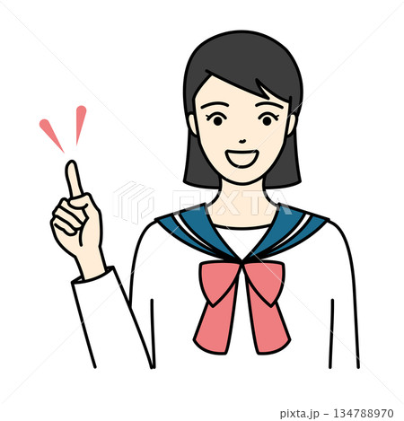 セーラー服姿で笑顔で指差しをしてポイントを説明する女子高生 セーラー服姿で笑顔で指差しをしてポイントを説明する女子高生 134788970