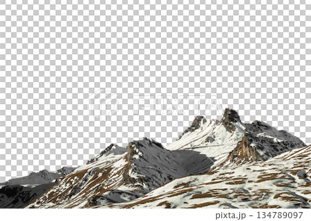 Dramatic alpine mountain summit with sharp shapes isolated on transparent background for creative and commercial projects. Dramatic alpine mountain summit with sharp shapes isolated on transparent background for creative and commercial projects. 134789097