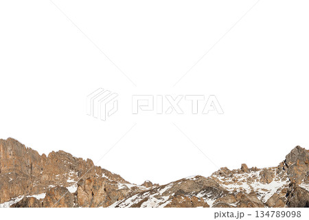 Rocky mountain peaks with light snow texture isolated on transparent background for travel, adventure, and outdoor visuals. 134789098