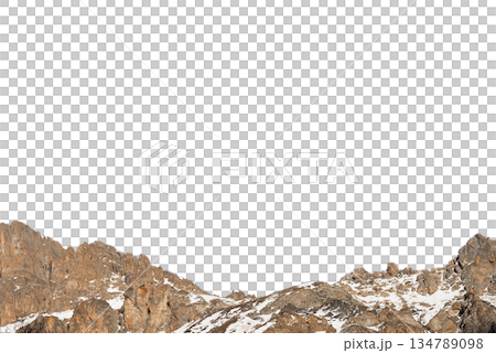 Rocky mountain peaks with light snow texture isolated on transparent background for travel, adventure, and outdoor visuals. 134789098