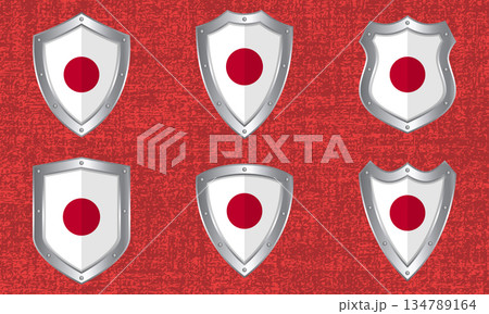 Set of metal shields with the Japanese flag Set of metal shields with the Japanese flag 134789164