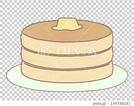 Illustration of three stacked pancakes topped with butter, with plate included 134789281