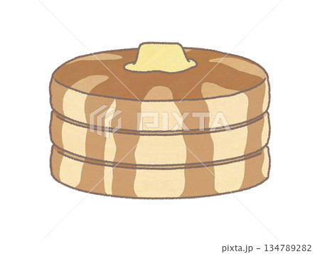 ホットケーキを3つ重ねてバターとシロップがかかっているイラスト 134789282