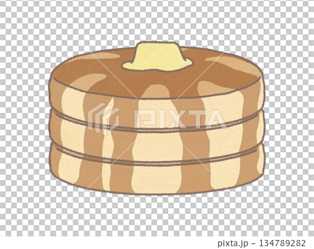 ホットケーキを3つ重ねてバターとシロップがかかっているイラスト 134789282