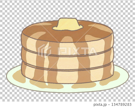 Illustration of three stacked pancakes covered in butter and syrup, with a plate Illustration of three stacked pancakes covered in butter and syrup, with a plate 134789283