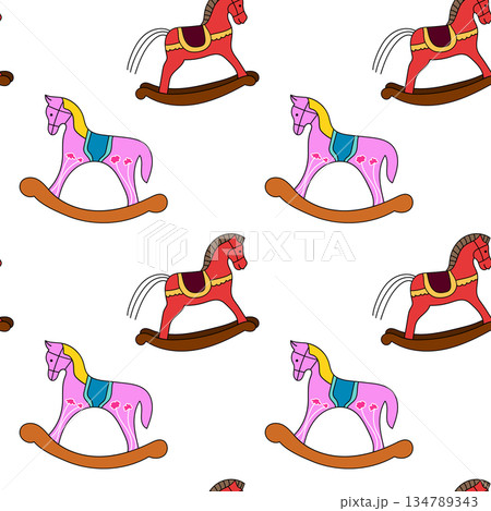 Seamless pattern with red and pink horses. Horses in seamless pattern. 134789343