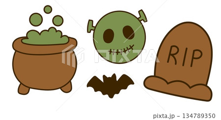 Cartoon halloween elements with zombie, grave, potion and bat. Cartoon halloween elements with zombie, grave, potion and bat. 134789350