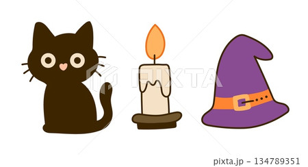 Cute halloween set with black cat, candle and witch hat. Cute halloween set with black cat, candle and witch hat. 134789351