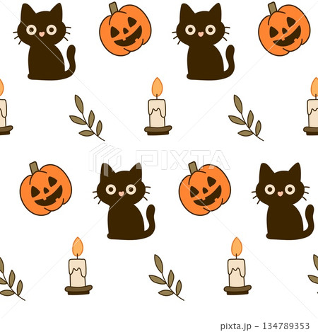 Cute seamless pattern with black cat, candle and pumpkin. Halloween seamless pattern. 134789353