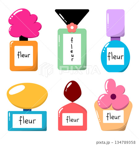 Set with perfume bottles. Cartoon perfume elements. 134789358