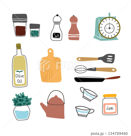 Set of simple kitchen elements. Cute cups, jar and kettle. 134789480