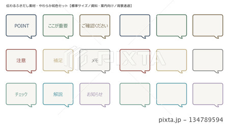 伝わるふきだし素材・やわらか和色セット【標準サイズ/資料・案内向け/背景透過】 伝わるふきだし素材・やわらか和色セット【標準サイズ/資料・案内向け/背景透過】 134789594
