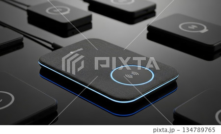 Modern wireless charging pad with blue LED indicator light surrounded by multiple black charging devices on reflective surface 134789765
