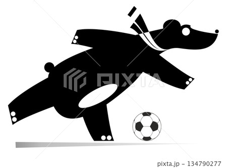 Cartoon bear plays football. Cute bear playing football. Black and white illustration Cartoon bear plays football. Cute bear playing football. Black and white illustration 134790277