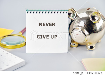 A notepad with the phrase NEVER GIVE UP is positioned alongside a golden piggy bank. It also features a calculator and magnifying glass suggesting financial analysis 134790374