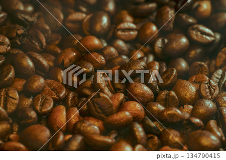 Roasted Coffee Beans with Steam and Haze Background Roasted Coffee Beans with Steam and Haze Background 134790415