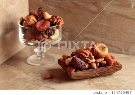 Mix of dried fruits and nuts. Mix of dried fruits and nuts. 134790497