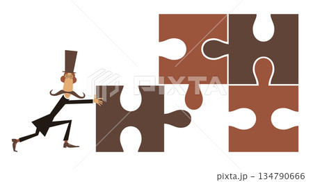 Man in the top hat solving the puzzle. Cartoon long mustache man in the top hat holding puzzle piece and connecting idea. Isolated on white background Man in the top hat solving the puzzle. Cartoon long mustache man in the top hat holding puzzle piece and connecting idea. Isolated on white background 134790666