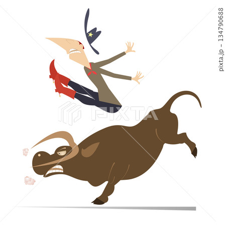 Farmer or cowboy and angry bull. Rodeo. Cartoon farmer or cowboy falls down from the bull. Isolated on white background	 134790688