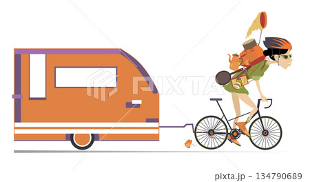 Traveler woman. Bicycle. Camping trailer. Traveler young woman on the bicycle pulling a camping trailer. Isolated on white background	 134790689