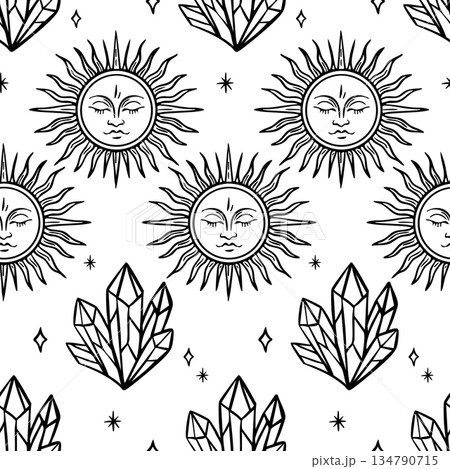 Sun and crystal seamless pattern boho mystic black line art 134790715