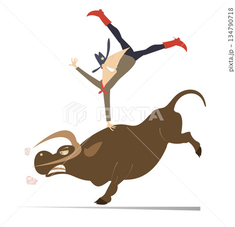 Rodeo. Farmer or cowboy. Angry bull. Farmer or cowboy balances on one hand on the back of an angry bull. Isolated on white background Rodeo. Farmer or cowboy. Angry bull. Farmer or cowboy balances on one hand on the back of an angry bull. Isolated on white background 134790718