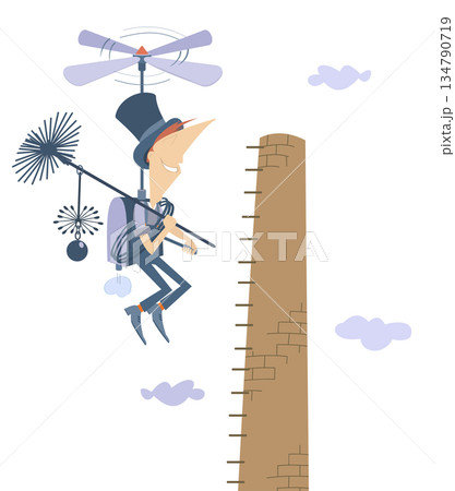 Cartoon flying chimney sweeper. Chimney sweeper, rope, chimney brush. Chimney sweeper flies using a flying vehicle with propeller and is going to clean stove pipe. Isolated on white background 134790719