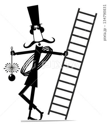 Cartoon chimney sweeper. Funny chimney sweeper in the top hat with a rope, chimney brushes and ladder. Black and white illustration 134790831