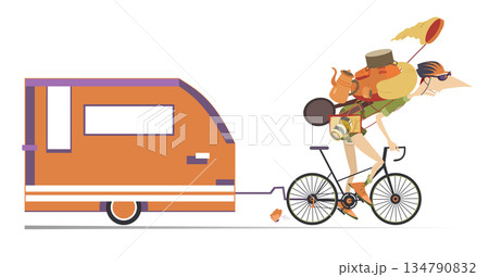 Traveler man. Bicycle. Camping trailer. Traveler man on the bicycle pulling a camping trailer Traveler man. Bicycle. Camping trailer. Traveler man on the bicycle pulling a camping trailer 134790832
