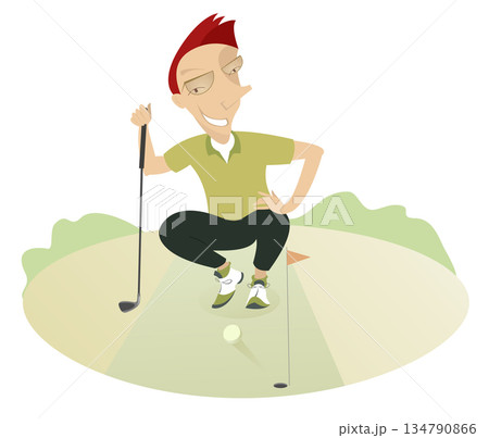 Golfer man on the golf course. Golf course. Cartoon young golfer man aiming to do a good shot. Isolated on white background Golfer man on the golf course. Golf course. Cartoon young golfer man aiming to do a good shot. Isolated on white background 134790866