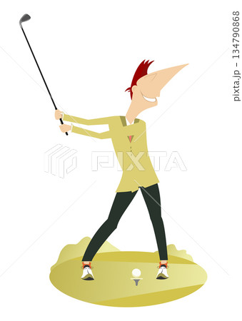 Golfer man on the golf course. Golf course. Cartoon young golfer man aiming to do a good shot. Isolated on white background Golfer man on the golf course. Golf course. Cartoon young golfer man aiming to do a good shot. Isolated on white background 134790868