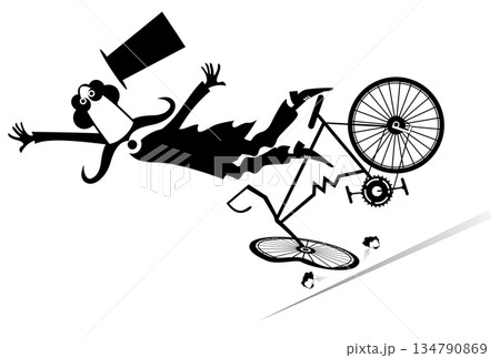 Cartoon man in the top hat falling down from the bicycle. Cartoon long mustache gentleman in the top hat falling down from the bicycle. Black and white illustration Cartoon man in the top hat falling down from the bicycle. Cartoon long mustache gentleman in the top hat falling down from the bicycle. Black and white illustration 134790869