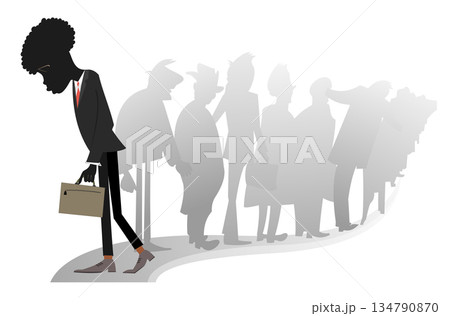 Problems. Job loss. Sad African man with downcast head. Sad African man with downcast head passing by the turn of the people	 134790870