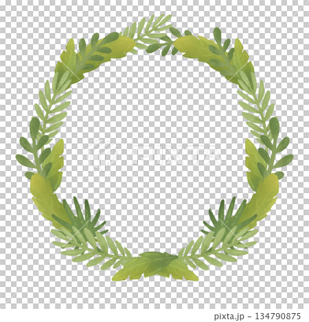 Round green wreath, frame with tropical leaves, greenery, plant branches. Template with a round space for copying. Cartoon illustration in a flat style. Watercolor, pastel. For design of products 134790875