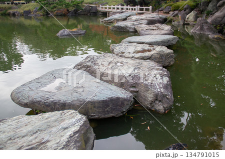 清澄庭園の池に並ぶ飛び石と水面が美しい日本庭園の景観 134791015
