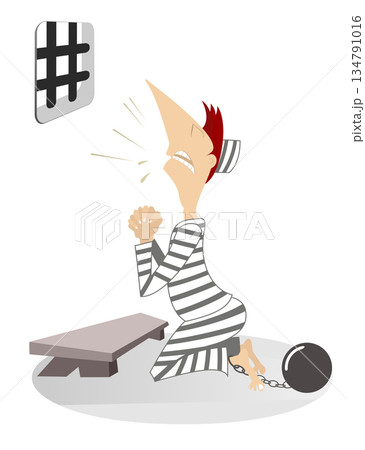 Cartoon prisoner prays in the kneel. Cartoon prisoner behind bars prays in the kneel and asks for forgiveness and freedom	 134791016