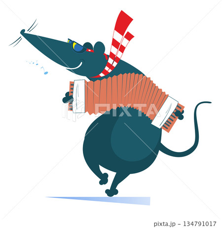 Cute rat or mouse playing accordion and singing. Cartoon rat or mouse performing music on the accordion with inspiration. Isolated on white background Cute rat or mouse playing accordion and singing. Cartoon rat or mouse performing music on the accordion with inspiration. Isolated on white background 134791017